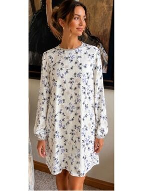 Sandro Paris Floral Mini Dress Size 40/M White Blue Beaded Neckline Floral